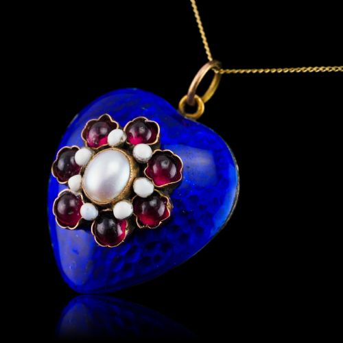 fig 6. Antique Victorian Blue Enamel Garnet & Pearl 'Puffy' Heart Shaped Pendant Necklace - c.1900