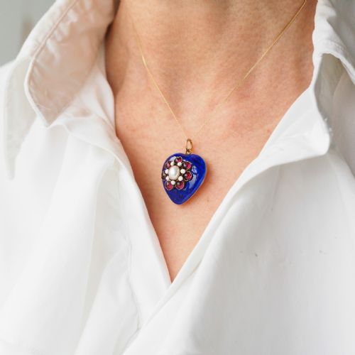 fig 9. Antique Victorian Blue Enamel Garnet & Pearl 'Puffy' Heart Shaped Pendant Necklace - c.1900