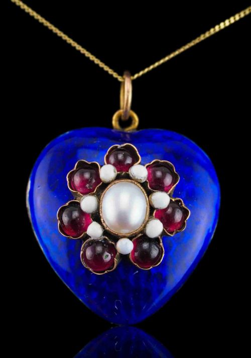 Antique Victorian Blue Enamel Garnet & Pearl 'Puffy' Heart Shaped Pendant Necklace - C.1900