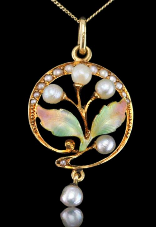 Antique Edwardian Pearl & Enamel Pendant Necklace 15ct Gold Art Nouveau Floral/leaf Design - C.1910