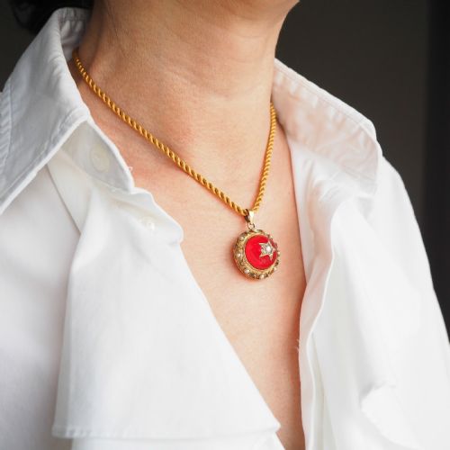 fig 2. Antique Victorian Diamond & Pearl Star Necklace with Red Rock Crystal 15K Gold - c.1880