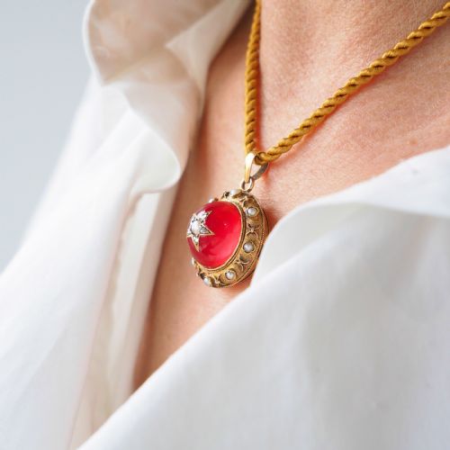 fig 3. Antique Victorian Diamond & Pearl Star Necklace with Red Rock Crystal 15K Gold - c.1880