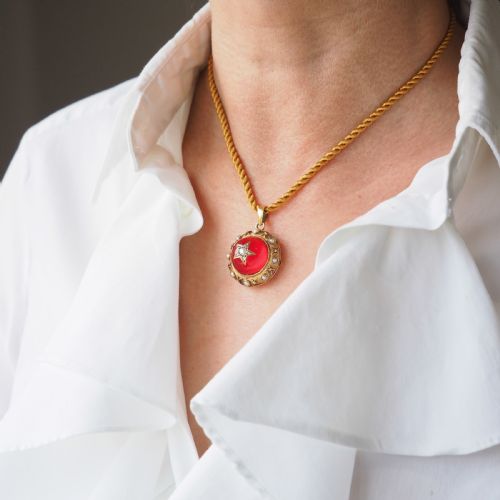 fig 4. Antique Victorian Diamond & Pearl Star Necklace with Red Rock Crystal 15K Gold - c.1880