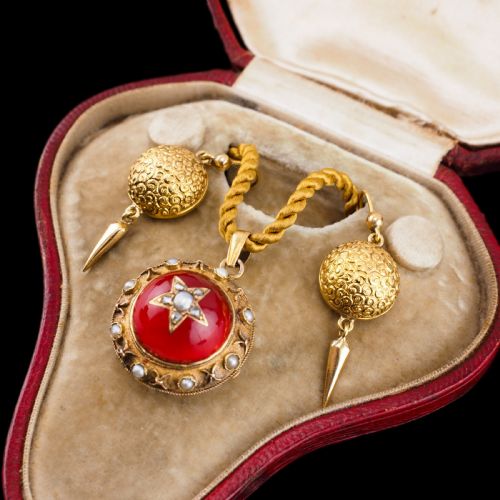 fig 6. Antique Victorian Diamond & Pearl Star Necklace with Red Rock Crystal 15K Gold - c.1880