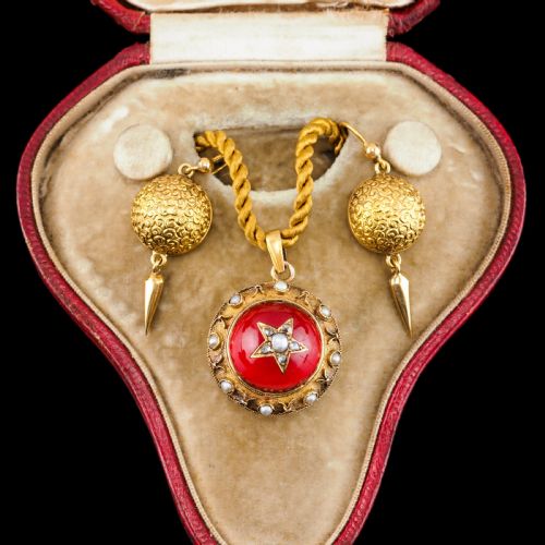 fig 8. Antique Victorian Diamond & Pearl Star Necklace with Red Rock Crystal 15K Gold - c.1880