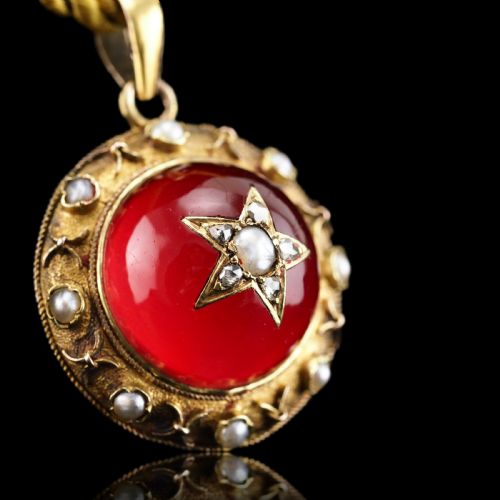 fig 11. Antique Victorian Diamond & Pearl Star Necklace with Red Rock Crystal 15K Gold - c.1880