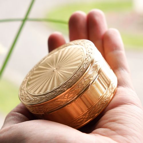fig 1. Antique French Solid Silver Gilt Snuff Box / Circular Box with Engine Turned/Guilloche Decoration - 19th c.