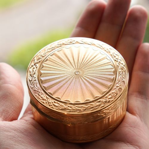 fig 3. Antique French Solid Silver Gilt Snuff Box / Circular Box with Engine Turned/Guilloche Decoration - 19th c.