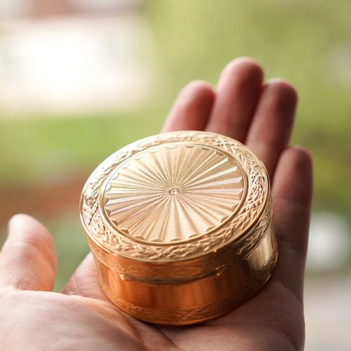 fig 6. Antique French Solid Silver Gilt Snuff Box / Circular Box with Engine Turned/Guilloche Decoration - 19th c.