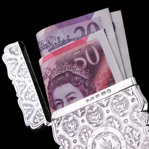 fig 1. Antique Victorian Sterling Silver Card Case/Wallet with Thistle, Shamrock, Rose Pattern - Alfred Taylor 1861