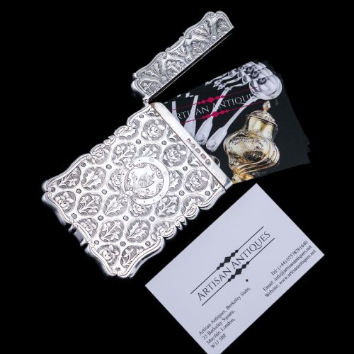 fig 2. Antique Victorian Sterling Silver Card Case/Wallet with Thistle, Shamrock, Rose Pattern - Alfred Taylor 1861