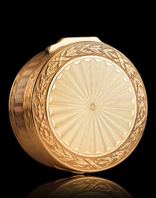Antique French Solid Silver Gilt Snuff Box / Circular Box with Engine Turned/guilloche Decoration - 19th C.