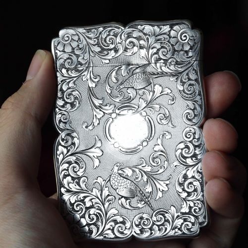 fig 2. Antique Victorian Sterling Silver Card Case with Swan, Pheasants & Acanthus Engravings - Nathaniel Mills 1839