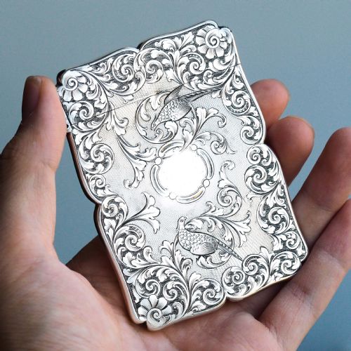 fig 3. Antique Victorian Sterling Silver Card Case with Swan, Pheasants & Acanthus Engravings - Nathaniel Mills 1839