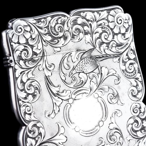 fig 4. Antique Victorian Sterling Silver Card Case with Swan, Pheasants & Acanthus Engravings - Nathaniel Mills 1839