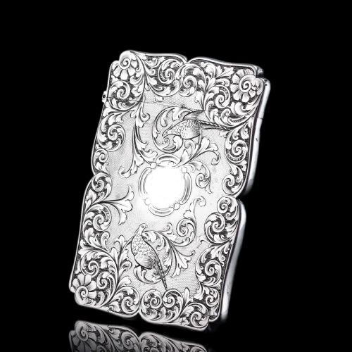 fig 6. Antique Victorian Sterling Silver Card Case with Swan, Pheasants & Acanthus Engravings - Nathaniel Mills 1839