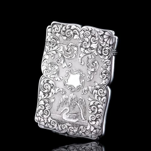 fig 7. Antique Victorian Sterling Silver Card Case with Swan, Pheasants & Acanthus Engravings - Nathaniel Mills 1839