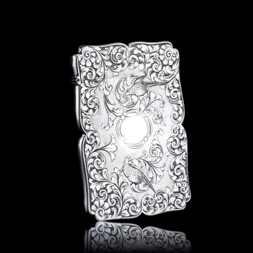fig 8. Antique Victorian Sterling Silver Card Case with Swan, Pheasants & Acanthus Engravings - Nathaniel Mills 1839
