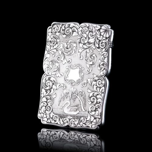 fig 9. Antique Victorian Sterling Silver Card Case with Swan, Pheasants & Acanthus Engravings - Nathaniel Mills 1839
