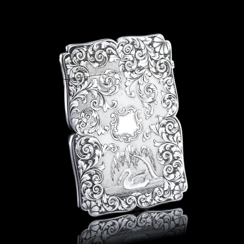 fig 10. Antique Victorian Sterling Silver Card Case with Swan, Pheasants & Acanthus Engravings - Nathaniel Mills 1839