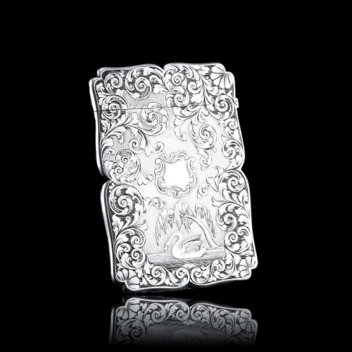 fig 11. Antique Victorian Sterling Silver Card Case with Swan, Pheasants & Acanthus Engravings - Nathaniel Mills 1839