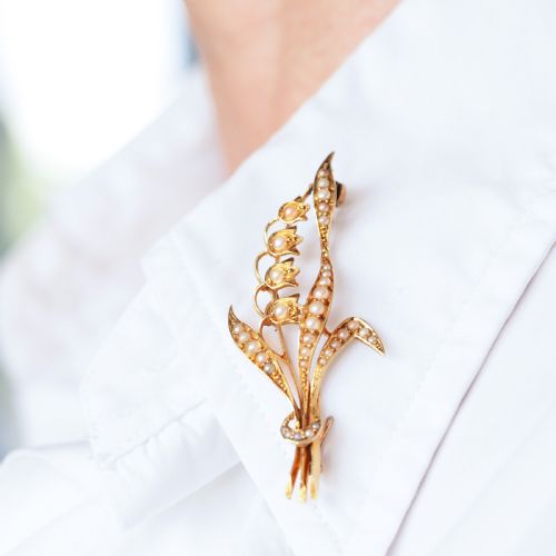fig 4. Antique Edwardian Floral Brooch 15ct Gold Seed Pearl Lily of the Valley Design - c.1910