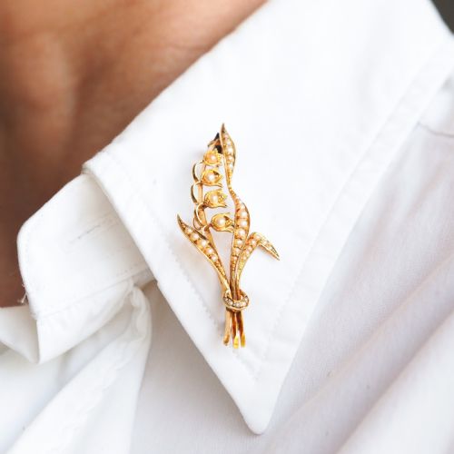 fig 5. Antique Edwardian Floral Brooch 15ct Gold Seed Pearl Lily of the Valley Design - c.1910