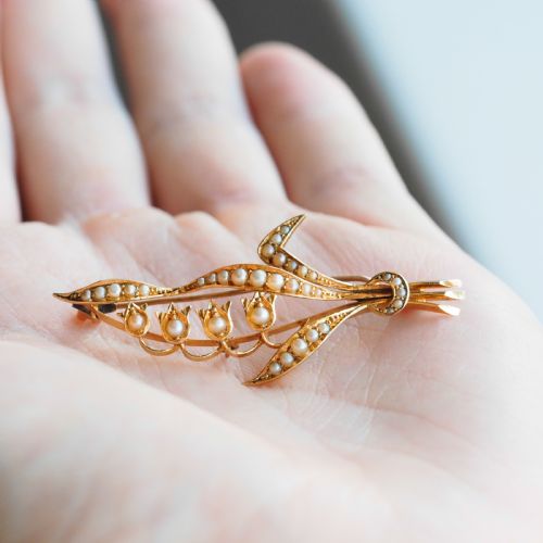 fig 7. Antique Edwardian Floral Brooch 15ct Gold Seed Pearl Lily of the Valley Design - c.1910