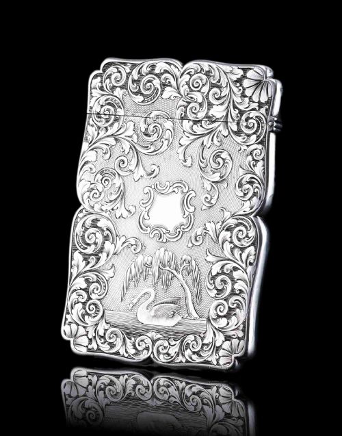 Antique Victorian Sterling Silver Card Case with Swan, Pheasants & Acanthus Engravings - Nathaniel Mills 1839