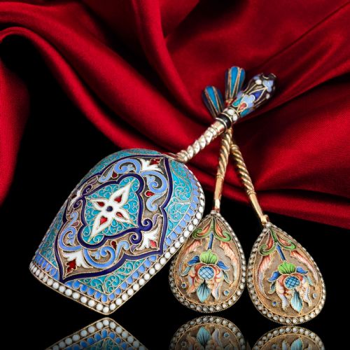 fig 1. Antique Imperial Russian Solid Silver Pair of Spoons Cloisonne Enamel Flower Motif - Moscow c.1910 Vasily Agafonov