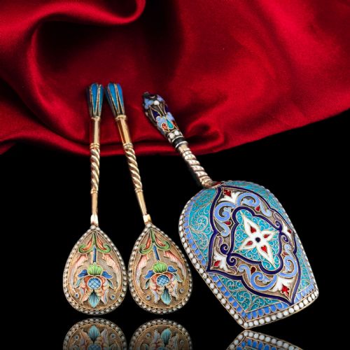fig 2. Antique Imperial Russian Solid Silver Pair of Spoons Cloisonne Enamel Flower Motif - Moscow c.1910 Vasily Agafonov