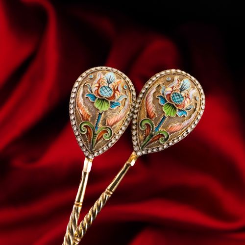 fig 3. Antique Imperial Russian Solid Silver Pair of Spoons Cloisonne Enamel Flower Motif - Moscow c.1910 Vasily Agafonov