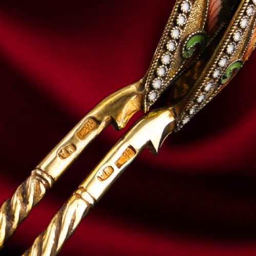 fig 4. Antique Imperial Russian Solid Silver Pair of Spoons Cloisonne Enamel Flower Motif - Moscow c.1910 Vasily Agafonov