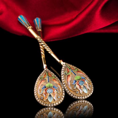 fig 6. Antique Imperial Russian Solid Silver Pair of Spoons Cloisonne Enamel Flower Motif - Moscow c.1910 Vasily Agafonov