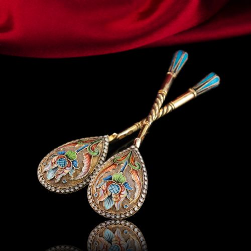 fig 7. Antique Imperial Russian Solid Silver Pair of Spoons Cloisonne Enamel Flower Motif - Moscow c.1910 Vasily Agafonov