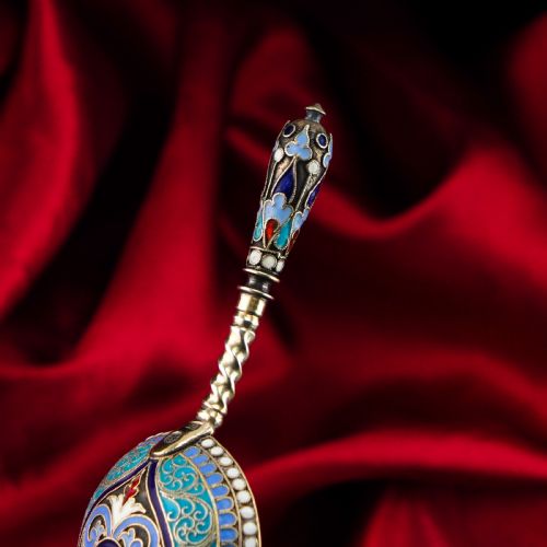 fig 7. Antique Imperial Russian Solid Silver Caddy Spoon Cloisonne Enamel - Gustav Klingert 1891