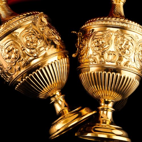 fig 1. Antique Solid Silver Gilt Vase/Urn Pair with Figural Roman Classical Influences - George Nathan & Ridley Hayes 1910