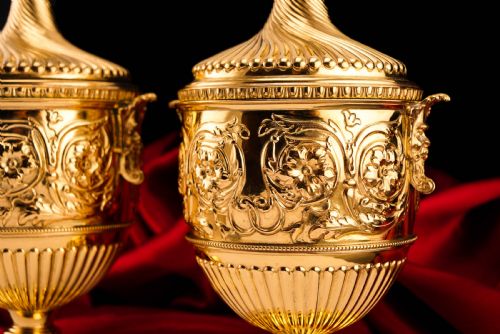 fig 9. Antique Solid Silver Gilt Vase/Urn Pair with Figural Roman Classical Influences - George Nathan & Ridley Hayes 1910