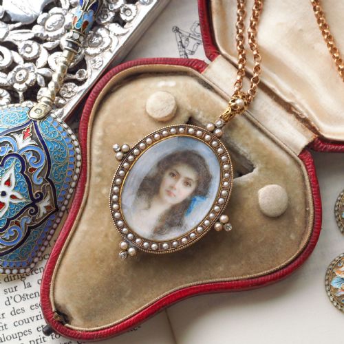 fig 3. Antique Victorian Lady Portrait Pendant Necklace Pearls & Diamond 9ct Gold