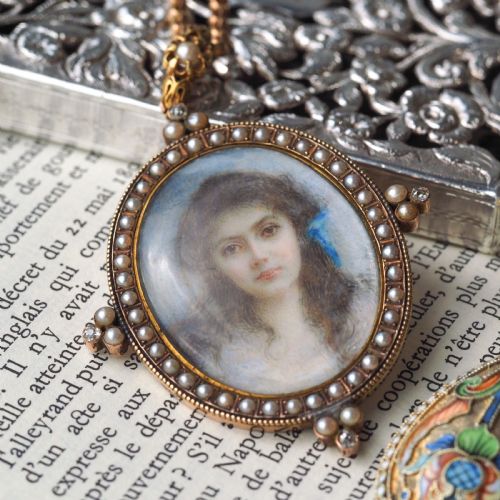 fig 5. Antique Victorian Lady Portrait Pendant Necklace Pearls & Diamond 9ct Gold