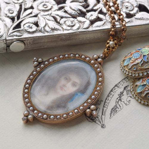 fig 7. Antique Victorian Lady Portrait Pendant Necklace Pearls & Diamond 9ct Gold