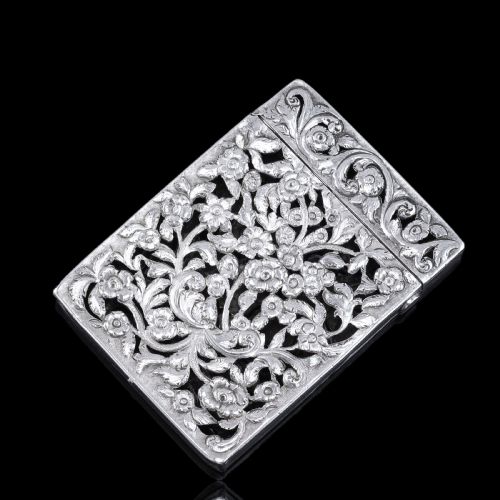 MAGNIFICENT ANTIQUE VICTORIAN SOLID SILVER CARD CASE WITH FLORAL CHASED AND PIERCED MOTIF FRANCIS CLARK 1839 - ADDITIONAL PHOTO 23