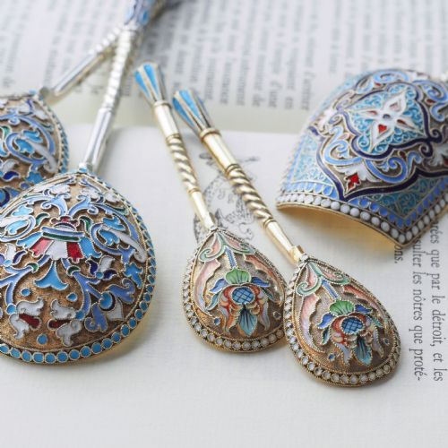 fig 2. Antique Imperial Russian Solid Silver Caddy Spoon Cloisonne Enamel - Gustav Klingert 1891