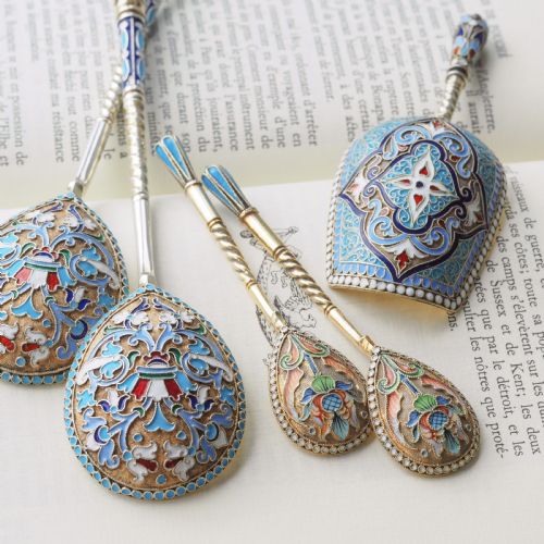 fig 3. Antique Imperial Russian Solid Silver Caddy Spoon Cloisonne Enamel - Gustav Klingert 1891