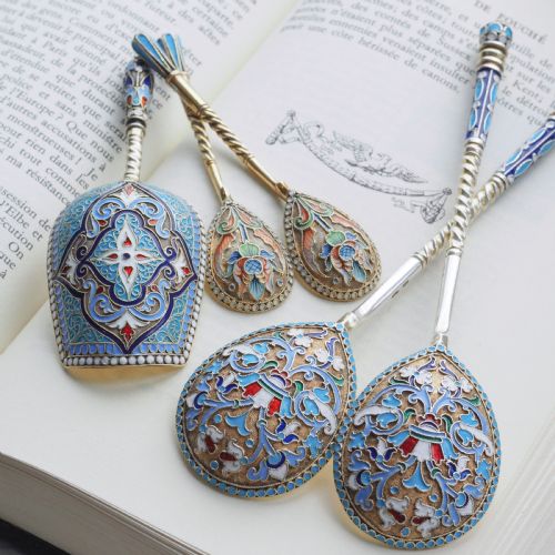 fig 5. Antique Imperial Russian Solid Silver Caddy Spoon Cloisonne Enamel - Gustav Klingert 1891