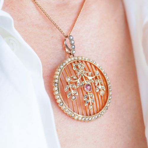 ANTIQUE EDWARDIAN BELLE EPOQUE PEARL PINK TOURMALINE PENDANT NECKLACE 9CT GOLD C1910 - ADDITIONAL PHOTO 2