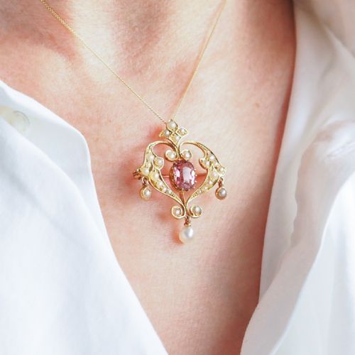 fig 1. Antique Edwardian Pink Tourmaline & Seed Pearl 15ct Gold Pendant Necklace - c.1910