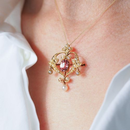 fig 3. Antique Edwardian Pink Tourmaline & Seed Pearl 15ct Gold Pendant Necklace - c.1910