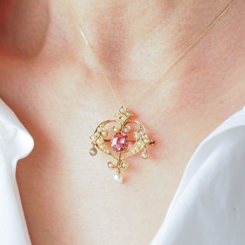 fig 4. Antique Edwardian Pink Tourmaline & Seed Pearl 15ct Gold Pendant Necklace - c.1910
