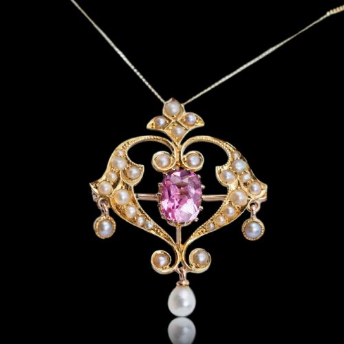 fig 5. Antique Edwardian Pink Tourmaline & Seed Pearl 15ct Gold Pendant Necklace - c.1910